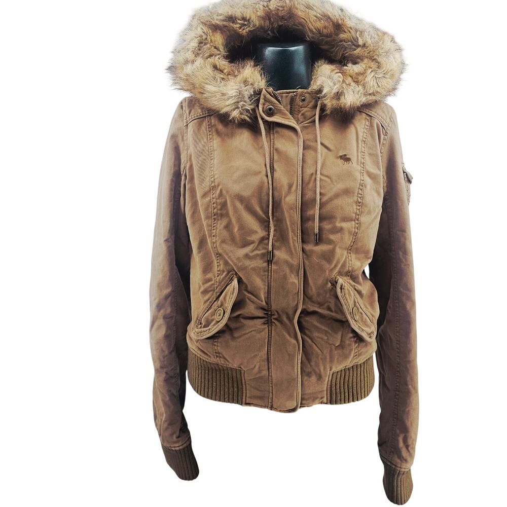 Vintage Y2K Abercrombie & Fitch 2000s Faux Fur Lined Hooded Bomber Jacket L